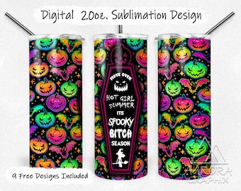 Spooky Season - Digital 20oz Skinny Tumbler Wrap Neon Halloween Witch Bitch Seamless Tapered Straight Design Design PNG Instant Download