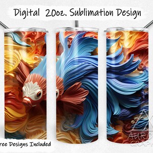 May include: A sublimation design for a 20oz tumbler featuring a colorful abstract fish with blue, orange, and yellow swirls. The design is available for download.
