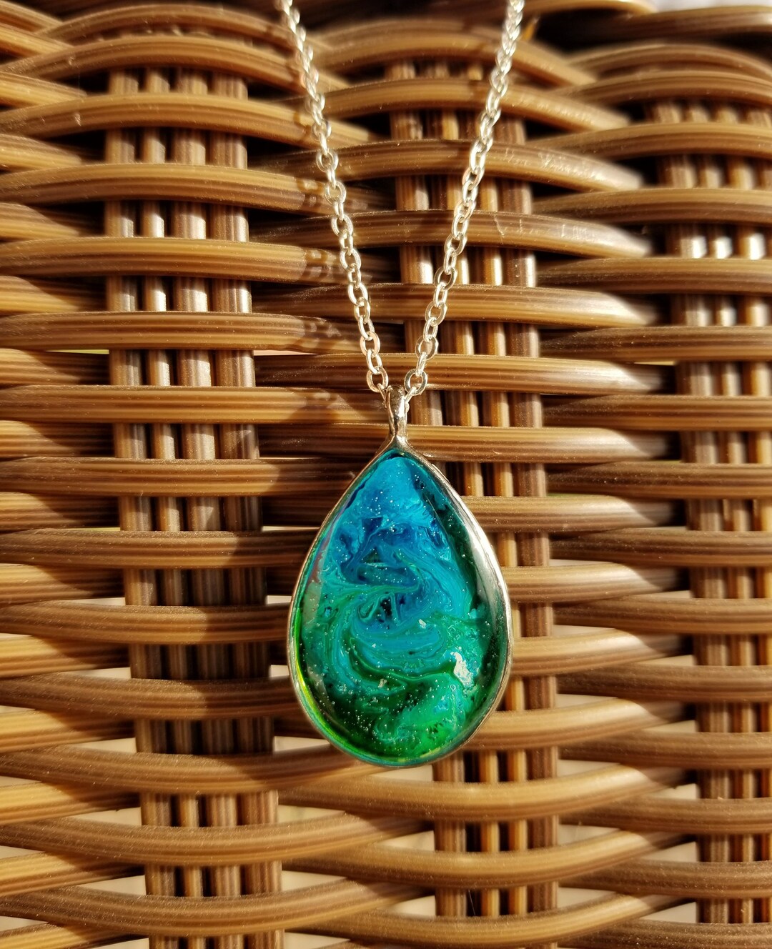 Blue & Green Resin Teardrop Necklace double-sided - Etsy