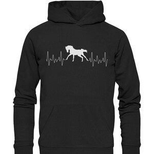 Peut inclure: Sweat-shirt à capuche noir avec une silhouette blanche de cheval courant avec un graphique de battement de cœur.