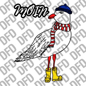 May include: A cartoon illustration of a seagull wearing a blue beanie, a red and white striped scarf, and yellow rain boots. The seagull is standing on a white background with the word "moin" written in black above it.