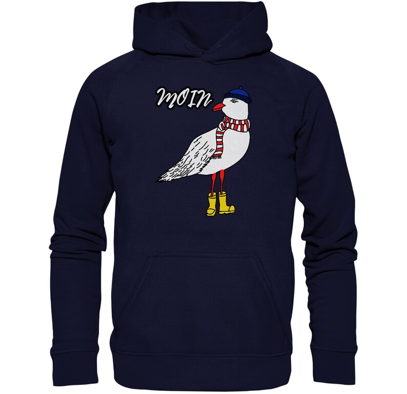 May include: A navy blue hoodie with a white seagull wearing a blue hat, red scarf, and yellow rain boots. The word "Moin" is printed above the seagull.