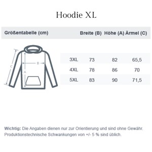 May include: Size chart for a hoodie in sizes 3XL, 4XL, and 5XL. The chart shows the width, height, and sleeve length in centimeters.  Hoodie XL