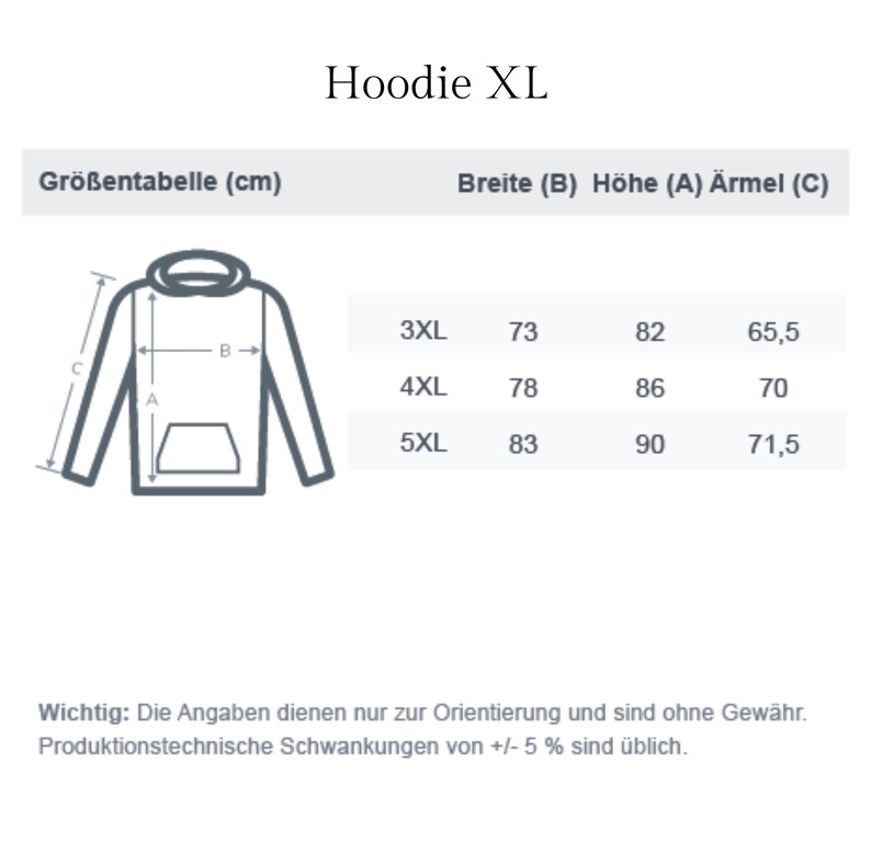 May include: Size chart for a hoodie in sizes 3XL, 4XL, and 5XL. The chart shows the width, height, and sleeve length in centimeters.  Hoodie XL