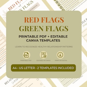 Puede incluir: Un cuaderno digital titulado "Red Flags Green Flags" con texto en tonos marrones y verdes. El cuaderno ofrece plantillas PDF imprimibles y editables de Canva para ayudar a reconocer patrones de relación saludables. Incluye plantillas A4 y US Letter.