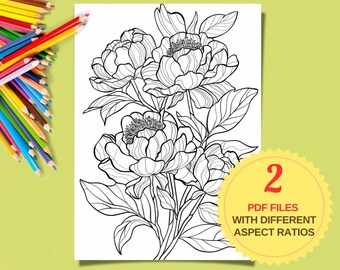 Può includere: Un disegno in bianco e nero di un bouquet di peonie. I fiori sono dettagliati e intricati, con più strati di petali. Il disegno è perfetto per colorare.