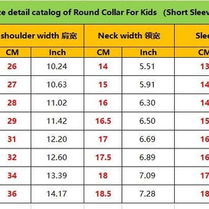 May include: A size detail catalog for round collar shirts for kids, with measurements in centimeters and inches. The chart includes sizes 2 through 14, detailing length, chest width, shoulder width, neck width, and sleeve measurements.