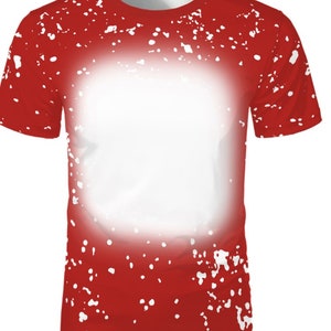 May include: Red short-sleeved t-shirt with a white splatter paint design. The center of the shirt has a large white circle.