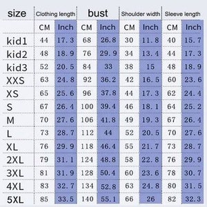 May include: Size chart for clothing with measurements in inches and centimeters. The chart includes sizes kid1, kid2, kid3, XXS, XS, S, M, L, XL, 2XL, 3XL, 4XL, and 5XL. Measurements are provided for clothing length, bust, shoulder width, and sleeve length.