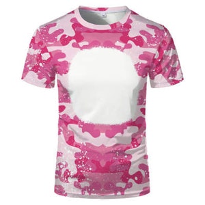 Camiseta de sublimación de camuflaje rosa, 100 % poliéster, tacto algodón (tallas jóvenes a 5X)