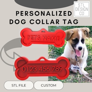 May include: Red plastic dog collar tag shaped like a bone with the text "PET'S NAME" and "0123 456 789".