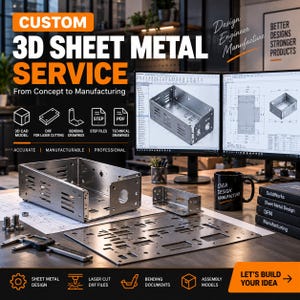 May include: A custom 3D sheet metal service display featuring a metallic enclosure, flat metal components, and a digital caliper on a desk. Two computer monitors show technical CAD drawings, while a black mug displays the text Idea Design Manufacture.