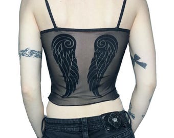 Y2K Sheer Mesh Angel Wings Cami Top, Gothic Flocked Vest Top, Grunge Spaghetti Strap Top, Alt Handmade Deadpretty