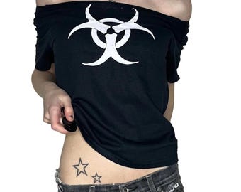 Y2K Off Shoulder Biohazard Top, Grunge Raw Edge Tee, Cyber Alt Distressed Shirt, Hand Cut T-Shirt, Handmade Deadpretty
