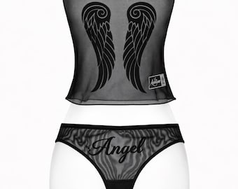 Y2K Black Flocked Sheer Mesh Angel Wings Cami Set Lingerie Set