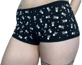 Y2K Skull Booty Shorts, Low Rise Grunge Festival Shorts, Star Print Black Alt Shorts, Hand Printed Deadpretty