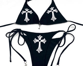 Y2K Rave Cross Heart Bikini Black Goth String Bikini Set