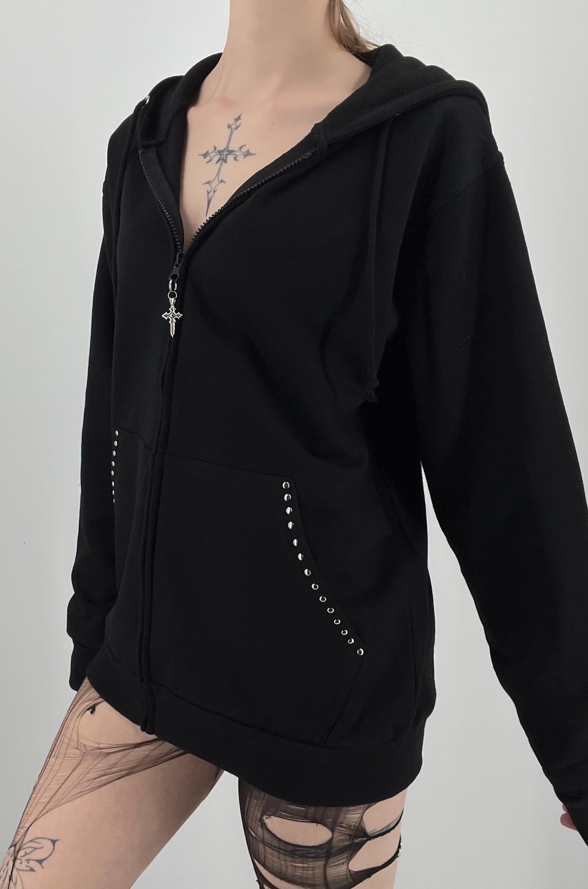 Y2K Grunge Studded Hoodie, Goth Zip up Jacket, Black Rivet Alt
