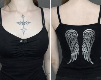 Y2K Angel Wings Cami Vest Top, Chrome Back Print Tank, Grunge Spaghetti Strap Top, Ruched Rose Front, Alt Gothic Top, Handmade Deadpretty