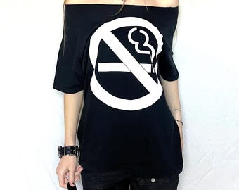 Y2K No Smoking Sign Black Oversized Off The Shoulder T-Shirt Tee Top