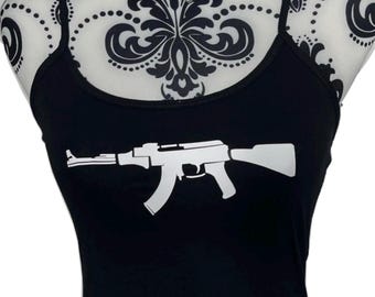 Y2K AK47 Graphic Cami Vest Top, Grunge Spaghetti Strap Tank, Alt Punk Indie Streetwear Top, Handmade Deadpretty