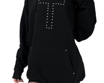 Handmade Black Gothic Cross Studded Hoodie, Grunge Rivet Alt Streetwear Jacket