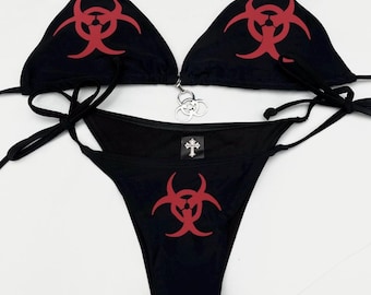 Y2K Biohazard Bikini, Rave Grunge String Bikini Set, Alt Goth Triangle Bademode, Cyber Punk Swim, Handmade Deadpretty