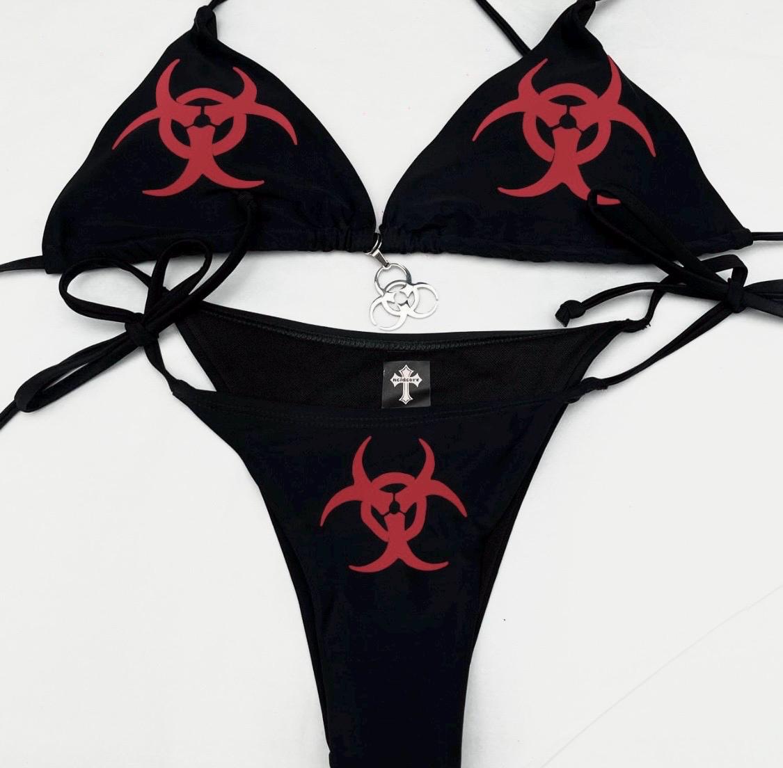 Y2K Biohazard Bikini, Rave Grunge String Bikini Set, Alt Goth Triangle Swimwear, Cyber Punk Swim, Handmade Deadpretty