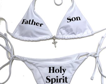 Y2K Father Son Holy Spirit Bikini, White Grunge String Bikini Set, Alt Goth Triangle Swimwear, Handmade Deadpretty