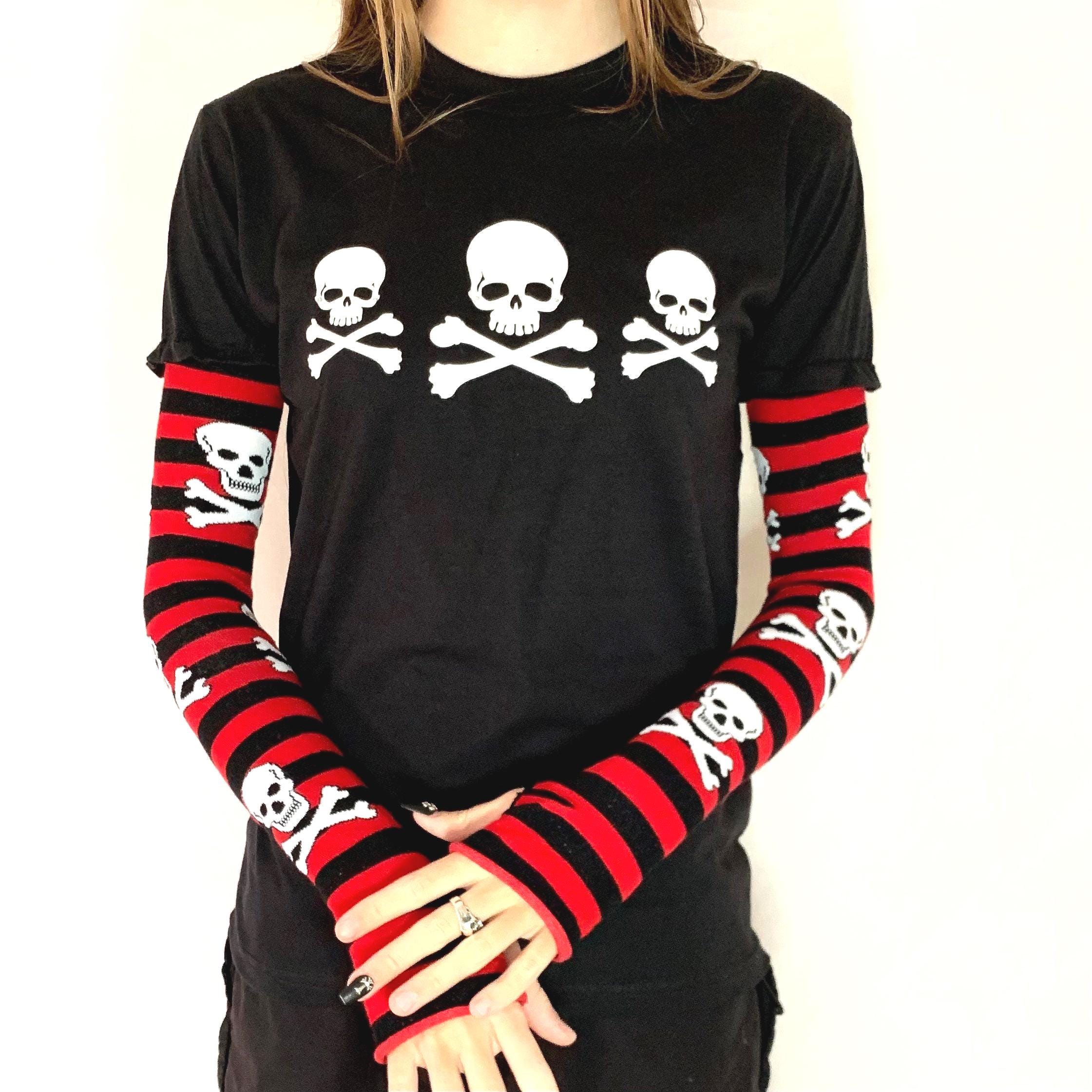 Gothic Red & Black Stripe Long Sleeve Skull Top Rhinestone