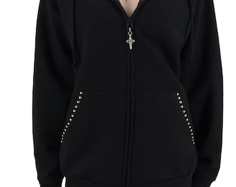 Grunge Dome Studded Hoodie, Goth Zip Up Jacket, Black Alt Hoodie, Handmade Streetwear Deadpretty