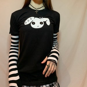 White n Black Stripe Sleeved Bunny Goth Grunge T-shirt