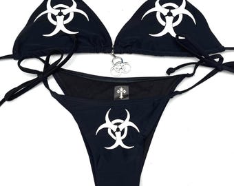 Y2K Biohazard Bikini, Black Grunge String Bikini Set, Alt Goth Triangle Swimwear, Cyber Punk Swim, Handmade Deadpretty