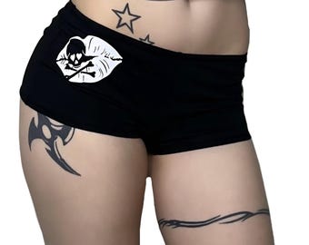 Y2K Skull Lips Booty Shorts, Low Rise Grunge Festival Shorts, Black Alt Graphic Shorts, Hand Printed Deadpretty