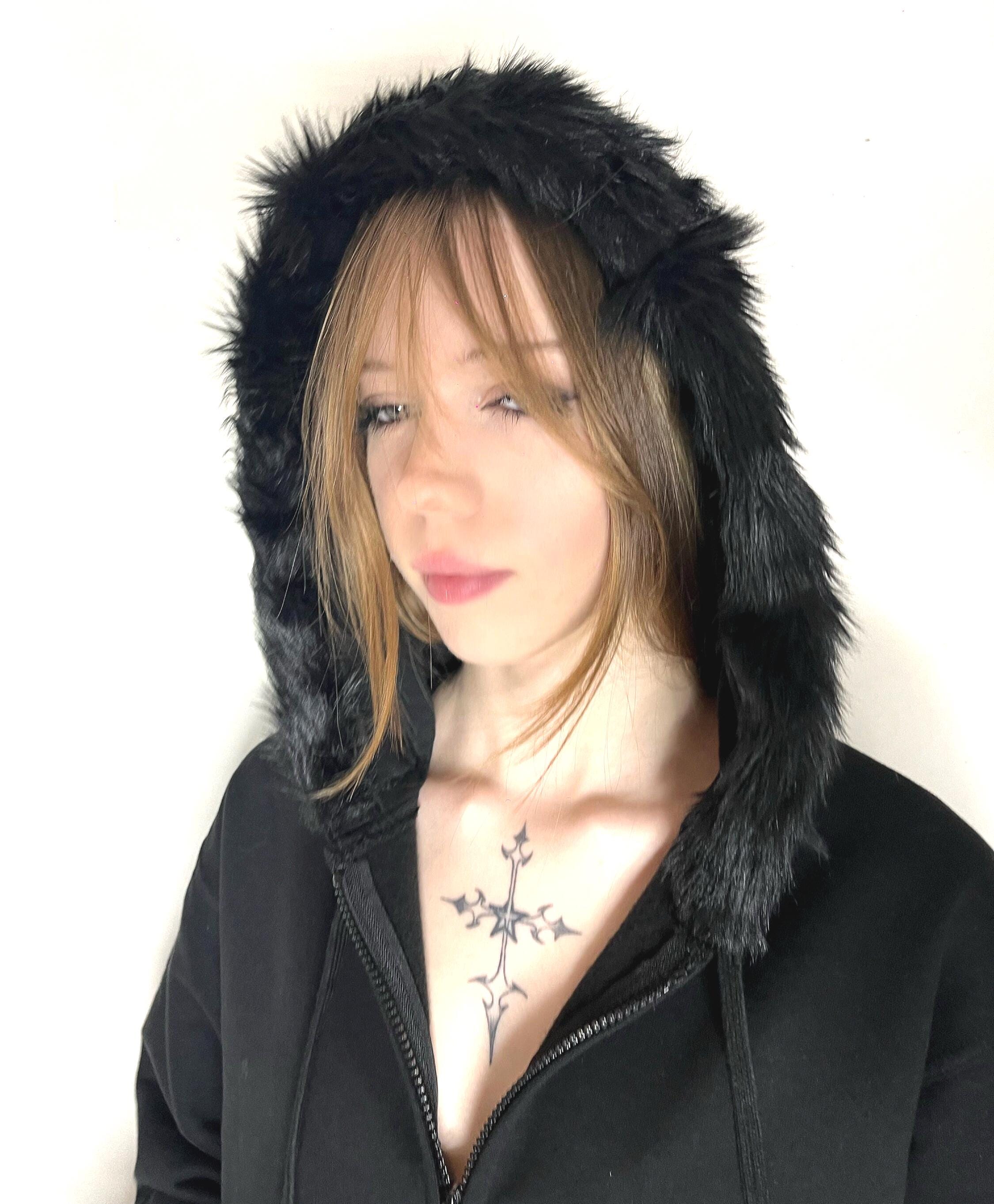 Black Zip up Fur Studded Y2K Hoodie Grunge Zip Cross Pendant Pom