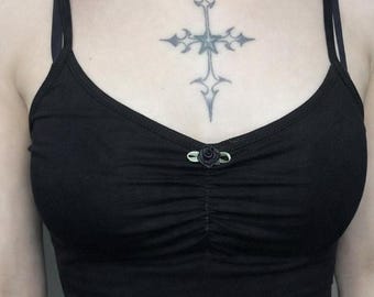 Y2K Ruched Cami Vest Top, Black Rose Spaghetti Strap Tank, Dark Feminine Alt Top, Grunge Minimal Cami, Handmade Deadpretty