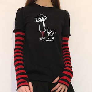 Gothic Cat Girl T-Shirt – Red & Black Stripe Sleeve Long Sleeve Top