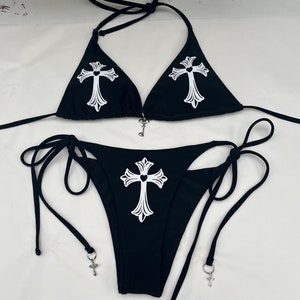 Black Gothic White Cross Heart String Bikini with Padding