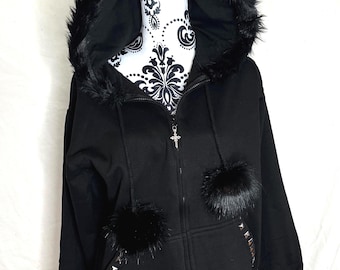 Black Zip up Fur Studded Y2K Hoodie Grunge Zip Cross Pendant Pom