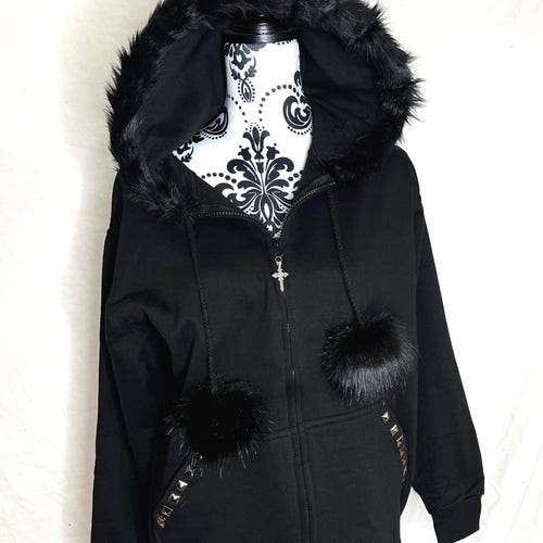 Black Zip up Fur Studded Y2K Hoodie Grunge Zip Cross Pendant Pom