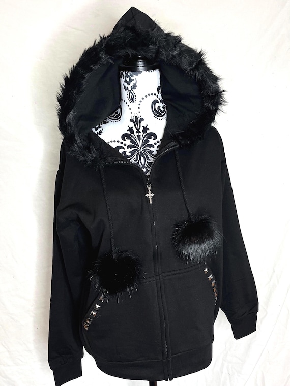 Black Zip up Fur Studded Y2K Hoodie Grunge Zip Cross Pendant Pom