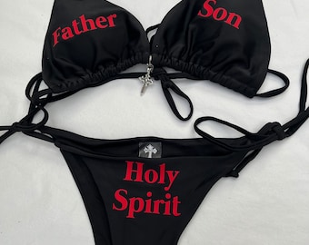 Women’s Red Holy Spirit Father Son Black Bikini Swimsuit