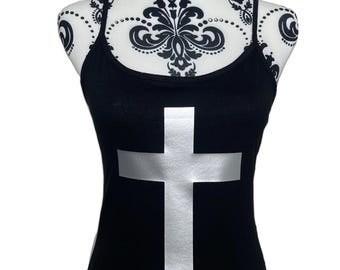 Y2K Chrome Cross Cami Vest Top, Grunge Spaghetti Strap Tank, Goth Alt Metallic Print Top, Handmade Deadpretty