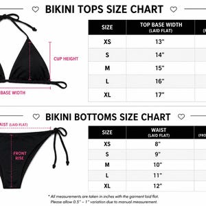 May include: A black bikini top and bottom size chart with text labels. The chart displays measurements in inches for sizes XS through XL, including top base width, cup height, waist, and front rise. A note indicates a 0.5 to 1 inch variation.