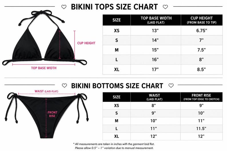 May include: A black bikini top and bottom size chart with text labels. The chart displays measurements in inches for sizes XS through XL, including top base width, cup height, waist, and front rise. A note indicates a 0.5 to 1 inch variation.