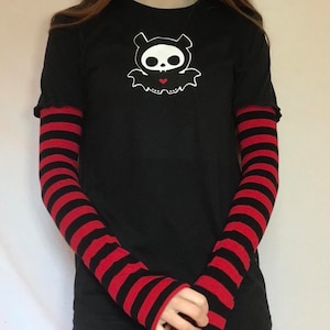 Red n Black Stripe Sleeved Diego Bat Skeleanimals Grunge T-shirt