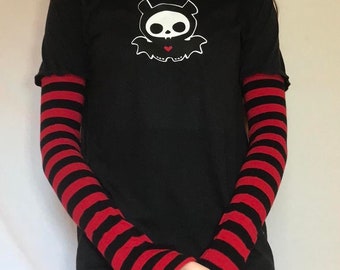 Red n Black Stripe Sleeved Diego Bat Skeleanimals Grunge T-shirt