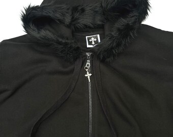Hand Decorated Y2K Fur Hoodie, Studded Zip up Goth Grunge Jacket