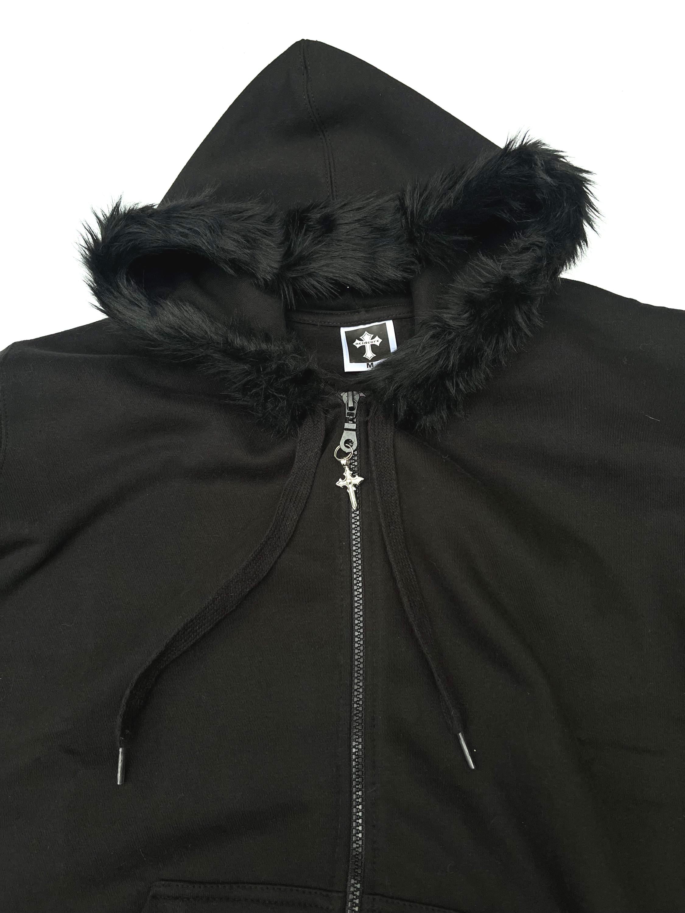 Black Zip up Fur Studded Y2K Hoodie Grunge Zip Cross Pendant Pom