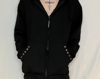 Black Zip Up Studded Hoodie Grunge Zip Cross Pendant